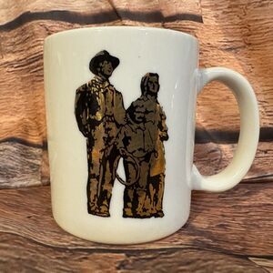 Vintage American State Bank Coffee Mug - Pioneer Couple Gold Graphic Advertising